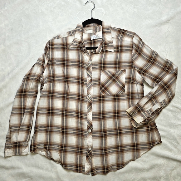 Time and Tru Men's Plaid Shirt in Brown and Cream - Picture 1 of 3